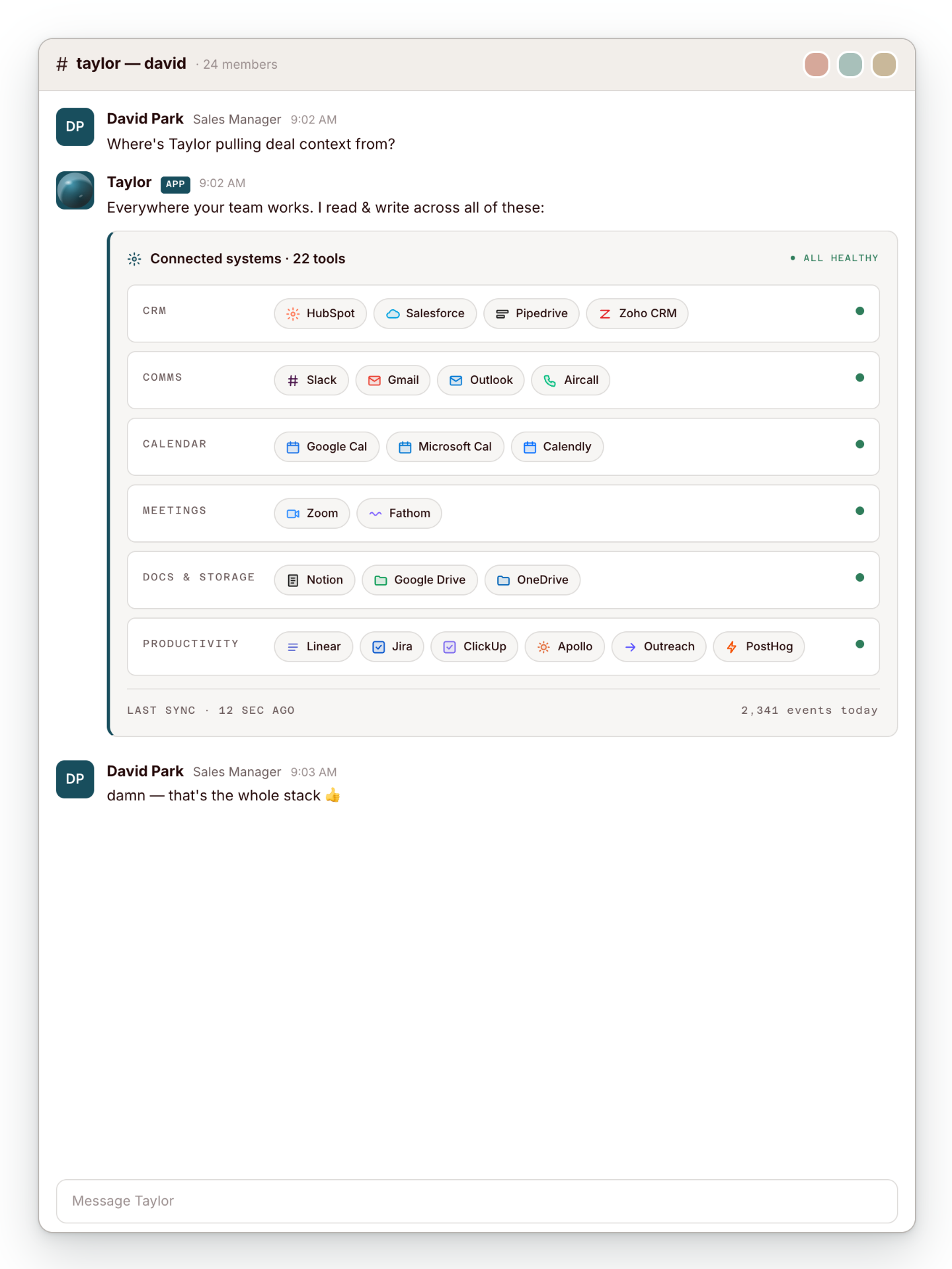 Slack conversation with Taylor showing 22 connected tools across CRM, comms, calendar, meetings, docs, and productivity categories