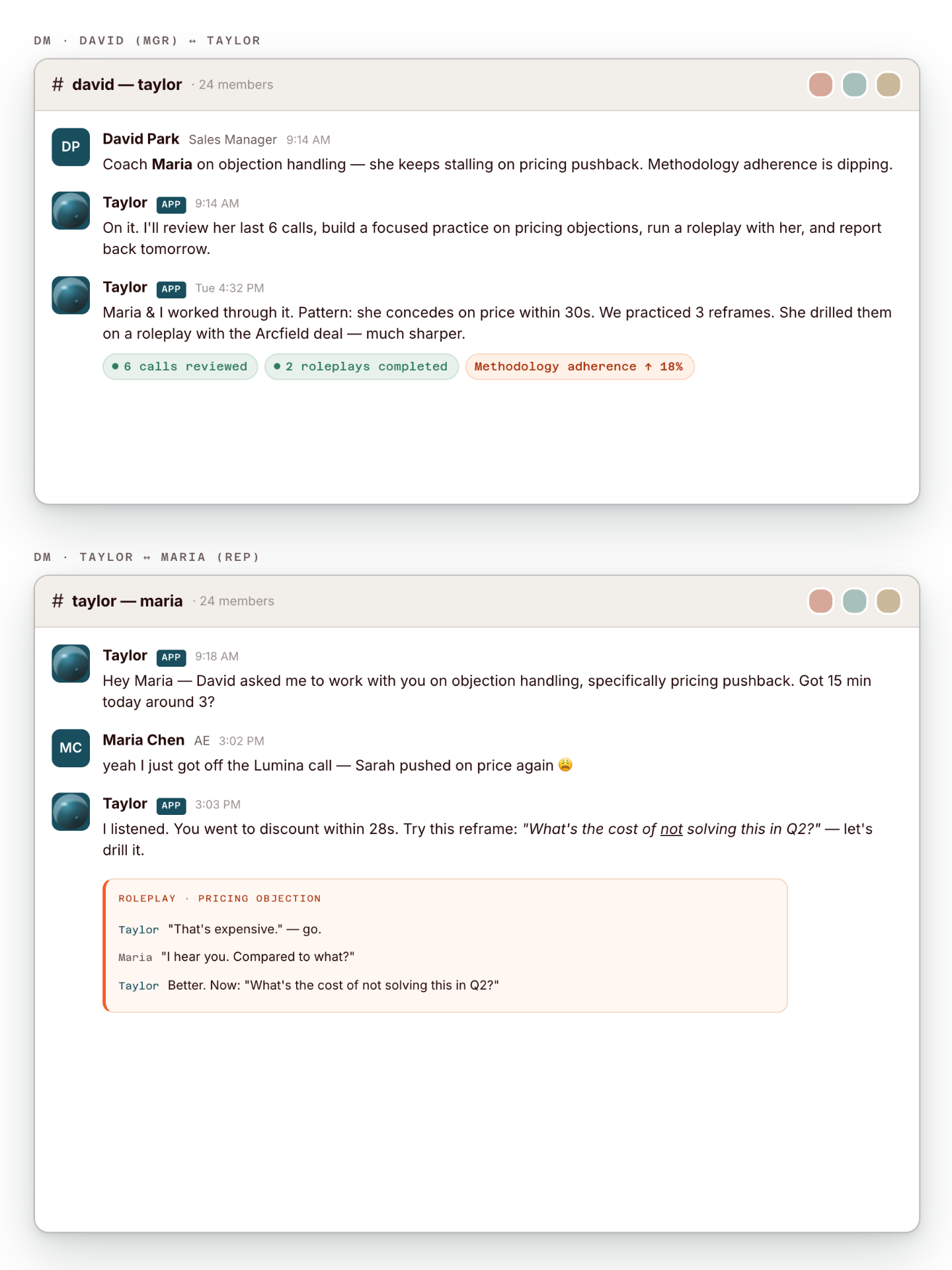 Taylor coaching Maria on pricing objection handling through Slack DMs, with reviewed calls, roleplays, and methodology adherence tracking