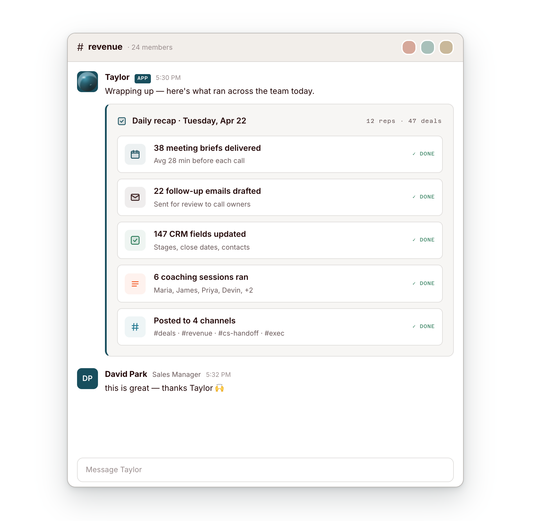 Screenshot of Taylor, the Grw AI sales teammate, running a chat conversation with a sales rep